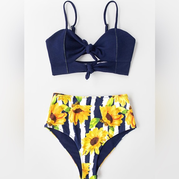 Navy Knotted Cutout Reversible Bikini - Picture 1 of 11